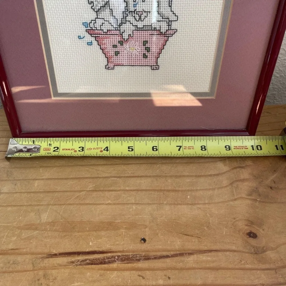 Vintage Framed Bunny Cross Stitch Cottagecore Nursery Wall Decor Burgundy Pink